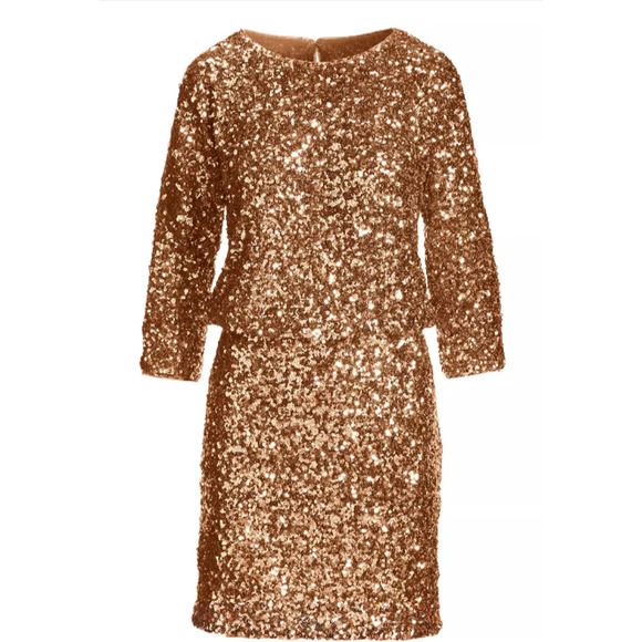 Boston Proper Gold Sequin Blouson Three Quarter Sleeve Dress Size 8 - Picture 2 of 7